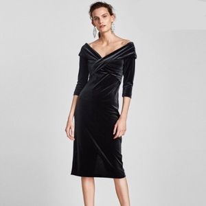 ZARA dark green velvet midi off-shoulder dress